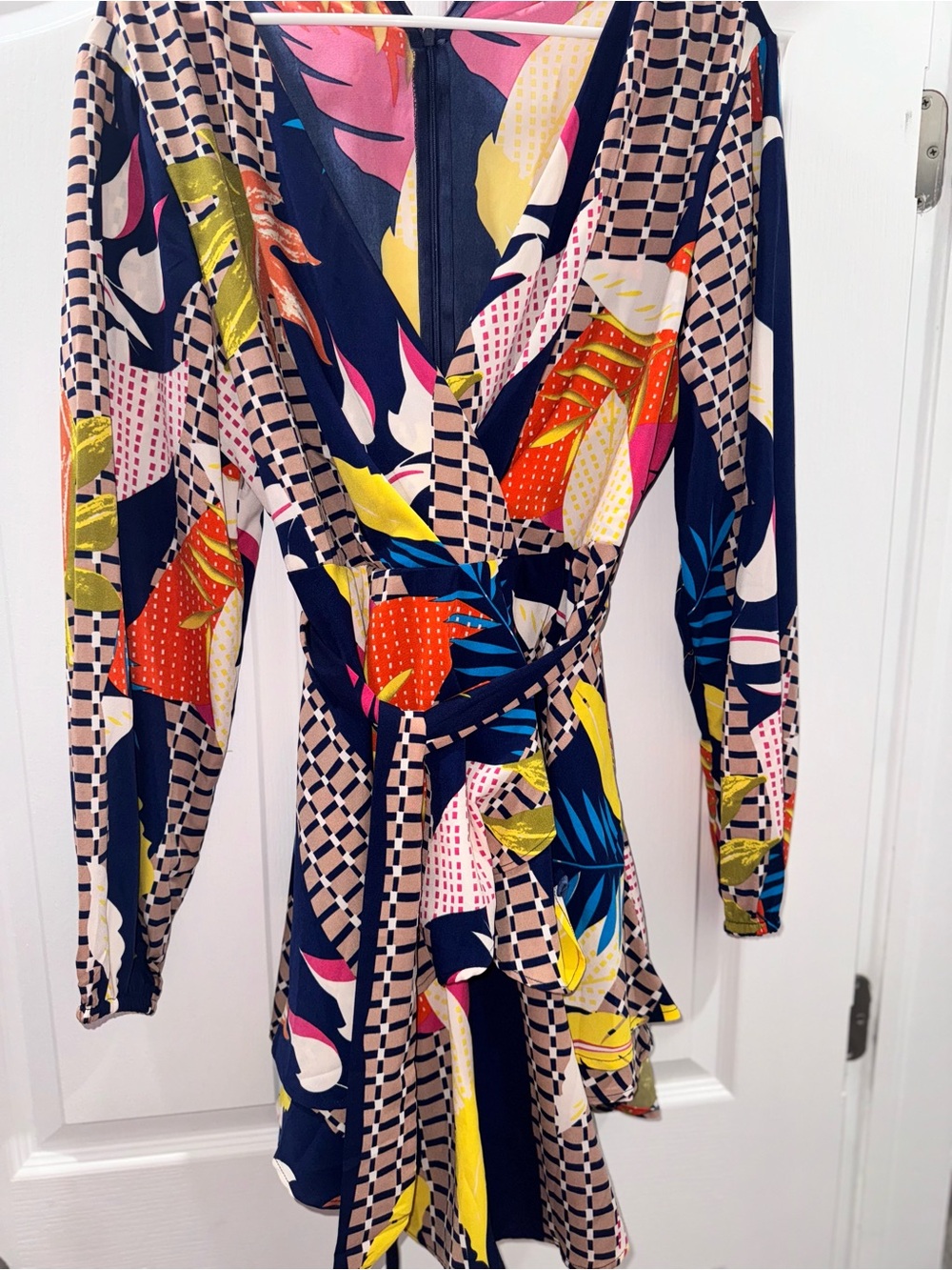 Vibrant Mixed-Print Wrap Dress in Navy, Pink & Yellow